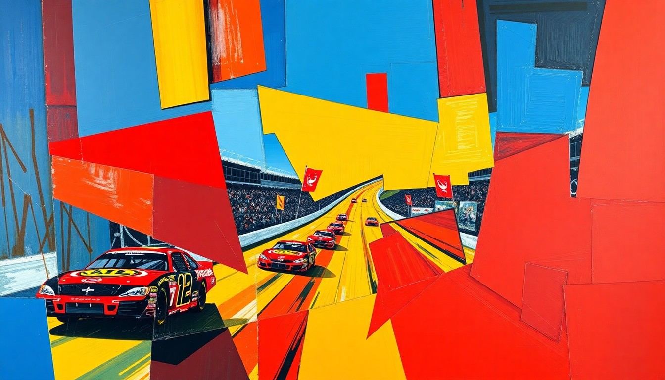 A cubist, geometric painting depicting a NASCAR race scene with overlapping planes of red, blue, and yellow, capturing the dynamic energy of the sport.