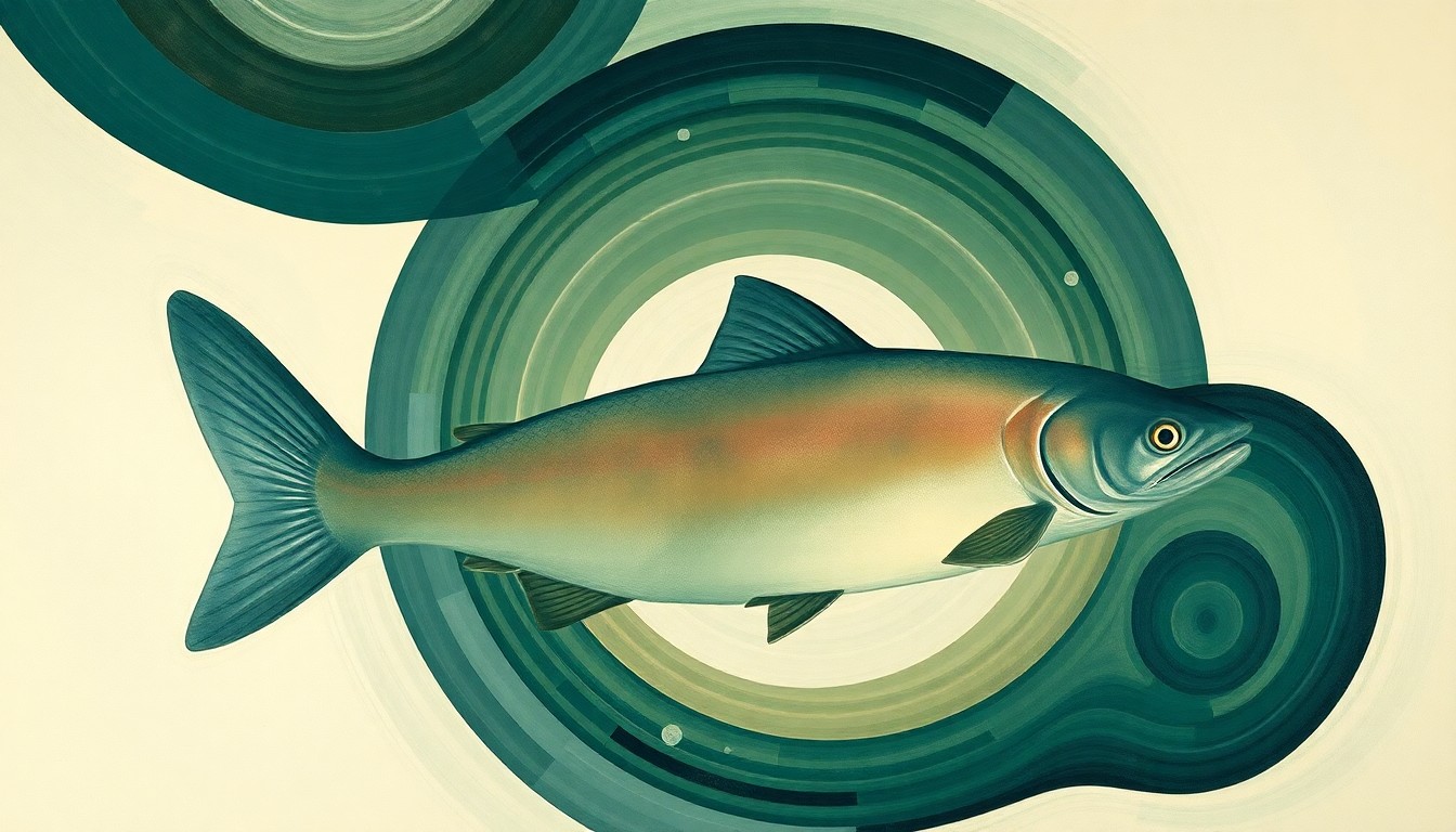 A highly structured abstract painting in muted tones of green, blue, and brown, featuring sweeping geometric arcs, concentric circles, and precise botanical spirals, conceptually representing the complex forces and fragile balance of the ecosystem surrounding the endangered winter-run Chinook salmon.