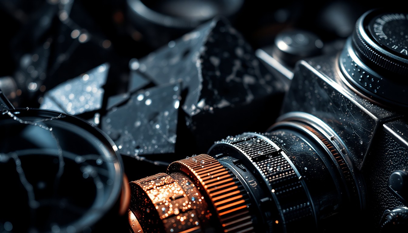 An extreme close-up photograph of highly textured, glittering camera equipment and film, using dramatic lighting to create a luxurious, high-fashion aesthetic that conceptually represents the artistic quality of Gordon Parks' celebrated civil rights photography.
