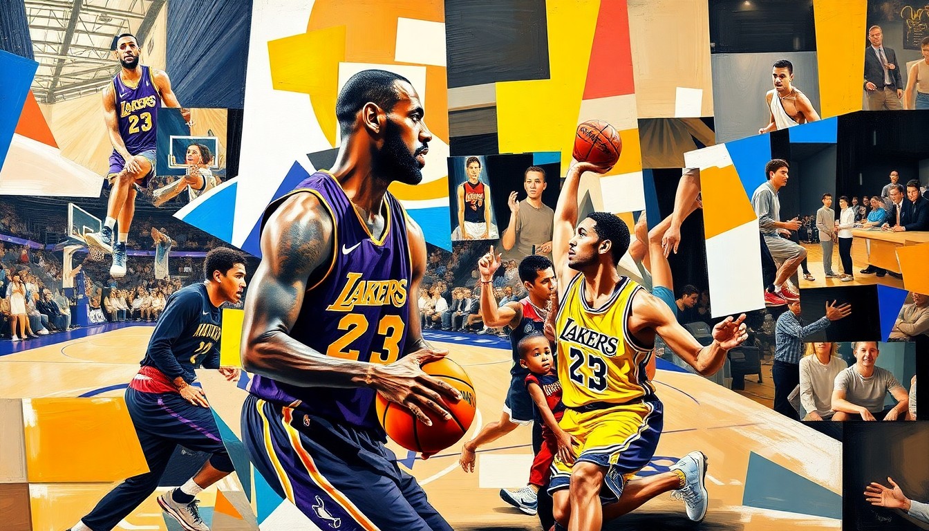 A cubist-style painting depicting a basketball game, with the figures of LeBron James and his son Bronny broken down into overlapping geometric shapes and planes, capturing the dynamic tension of their on-court interaction.