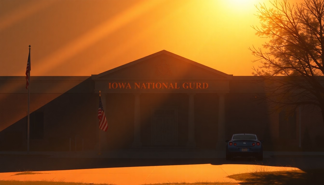 A serene, painterly scene of an Iowa National Guard armory building, its facade illuminated by warm, angled sunlight casting deep shadows, conveying a sense of quiet contemplation and civic pride surrounding the soldiers' homecoming.