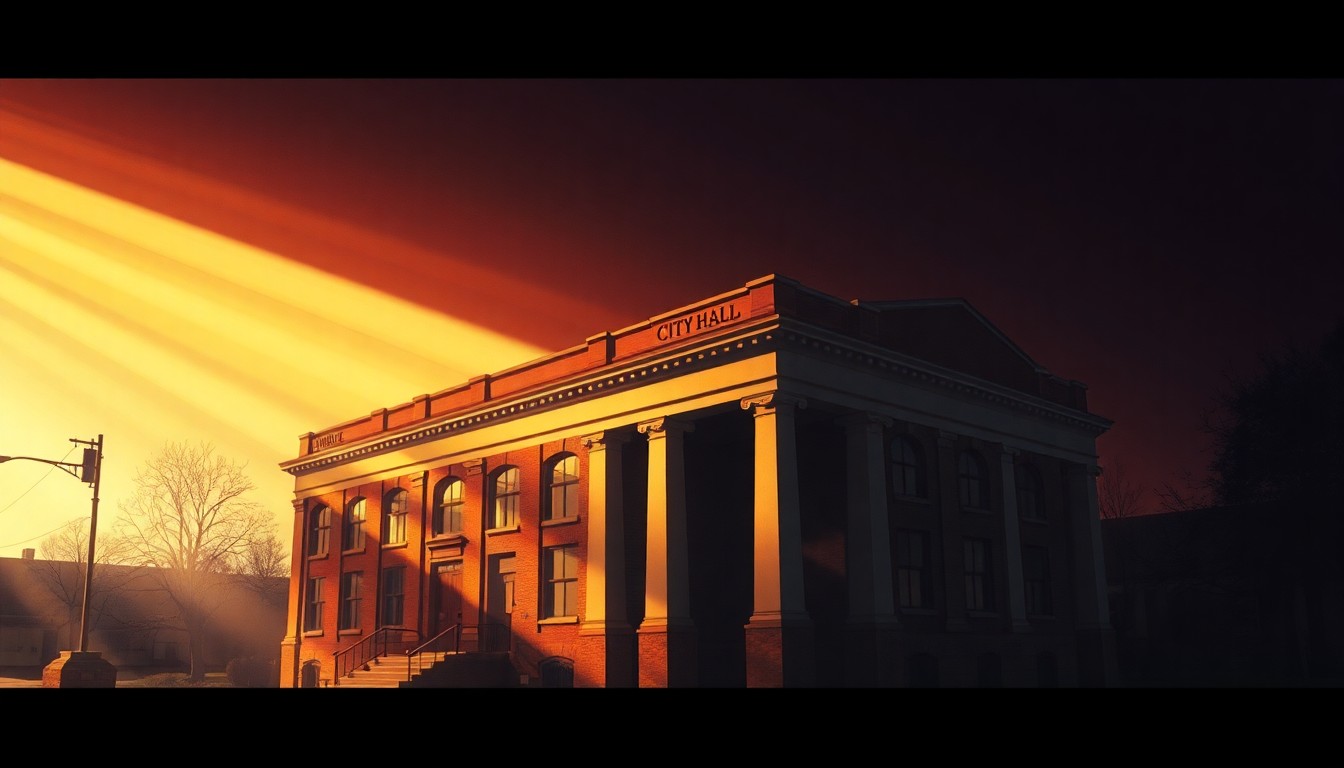 A photorealistic painting of the Galesburg City Hall building, with its facade bathed in warm, golden sunlight and deep shadows, conveying a sense of civic pride and history.