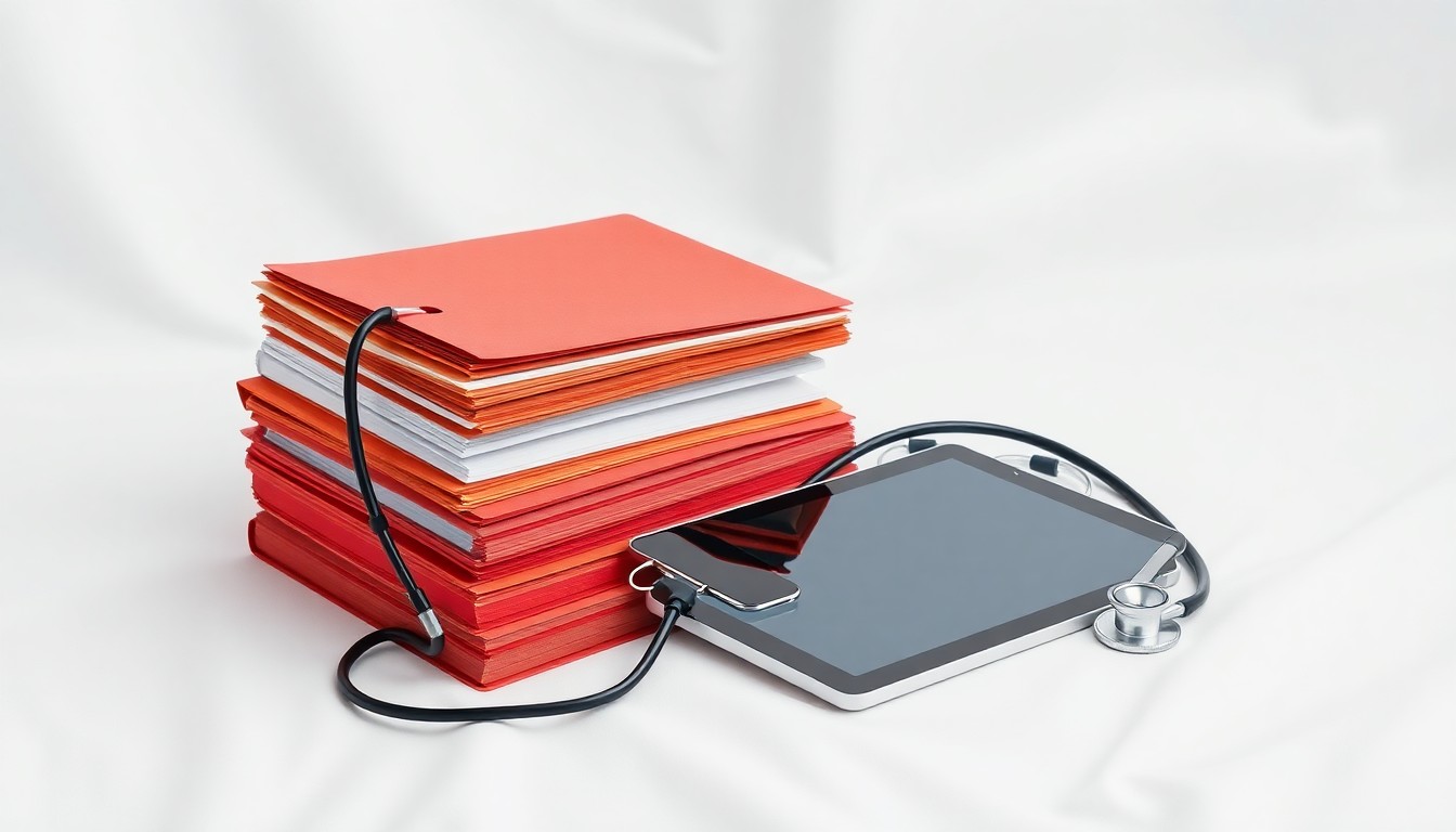 A minimalist studio still life photograph featuring a stack of medical files, a stethoscope, and a tablet device arranged on a clean, white background, symbolizing Humana's focus on improving healthcare accessibility and affordability.