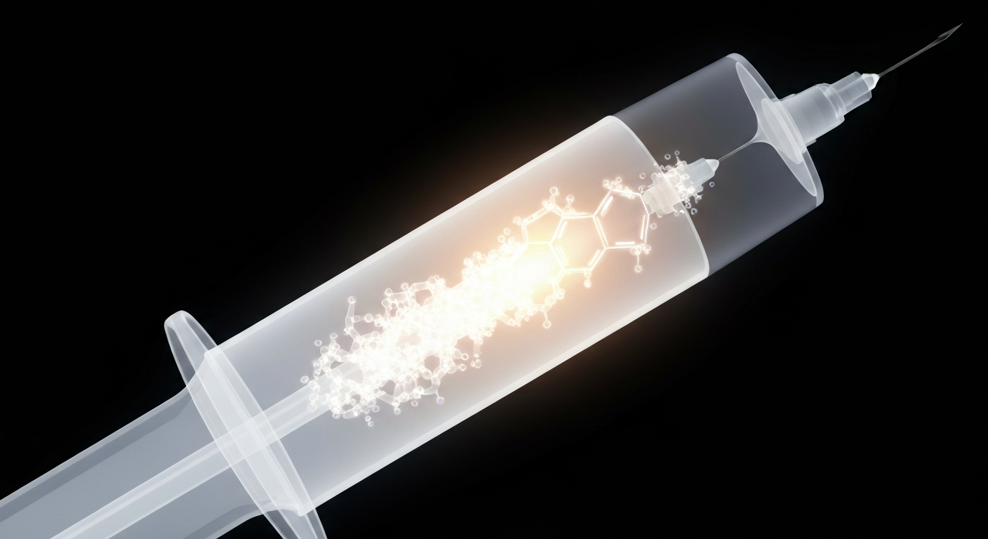 A translucent, ghostly X-ray photograph of a syringe filled with a glowing liquid, conceptually representing the internal structure and chemical composition of the new Cyclophosphamide Injection.