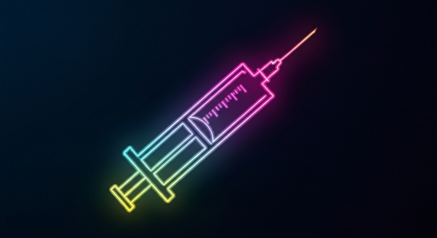 A glowing neon outline of a medical syringe against a dark background, conceptually representing the accessibility and energy of the public health initiative.