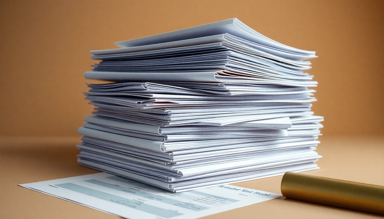 A photorealistic studio still-life featuring a stack of financial reports and documents in muted earth tones, conceptually representing the abstract corporate strategy and performance of Kinder Morgan.