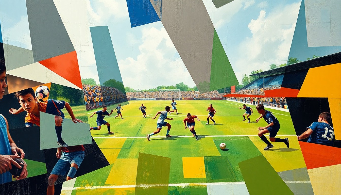 A dynamic, abstract painting in the cubist style, featuring overlapping geometric shapes and planes that capture the energy and movement of a high school soccer match.