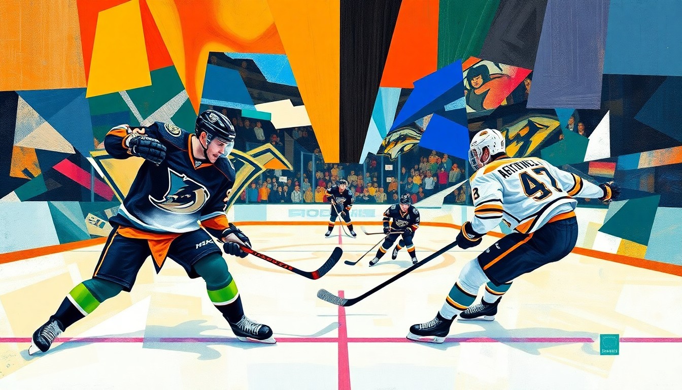 A fragmented, geometric painting depicting a hockey game between the Anaheim Ducks and Nashville Predators, with the players' forms broken down into sharp, overlapping planes of color and shape, conveying the chaotic and high-stakes nature of the teams' fight for playoff positioning.