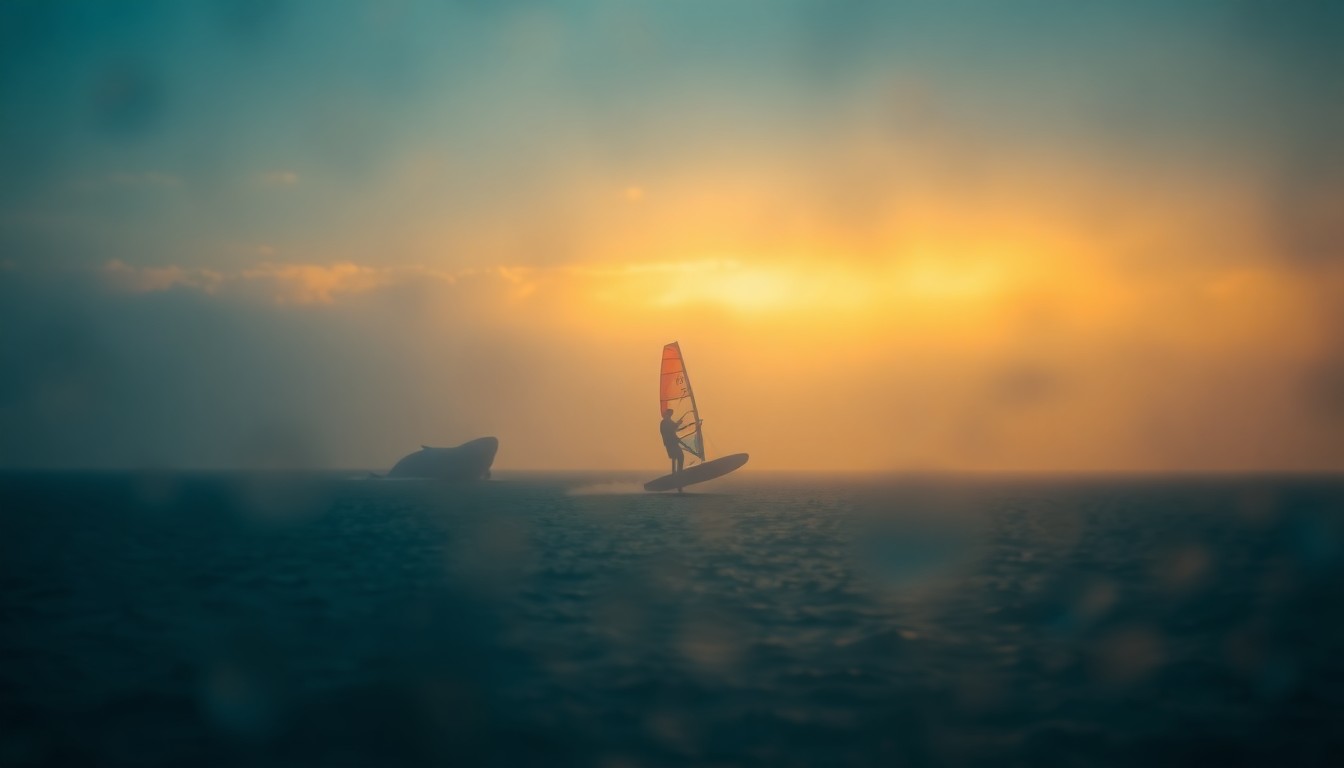An extremely blurred, impressionistic photograph depicting the faint outline of a windsurfer gliding across a body of water, with the shadowy silhouette of a whale breaching the surface in the distance, all rendered in soft, warm pools of color and light.