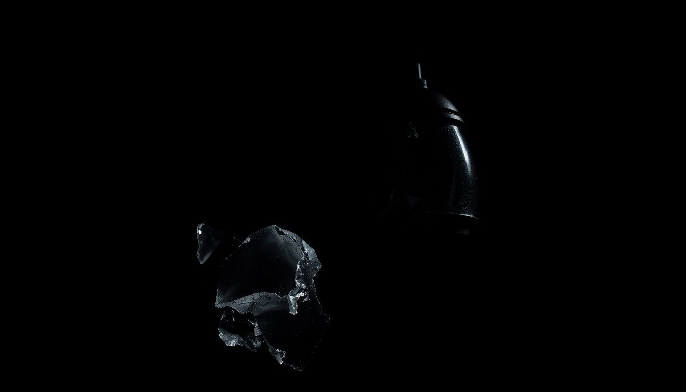 An extreme close-up photograph of a damaged streetcar sensor or camera lens, lit by a harsh, direct camera flash against a pitch-black background, conveying the sudden, investigative nature of the collision incident.