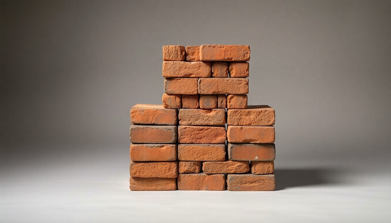 A high-end, photorealistic studio still-life photograph featuring a stack of carefully restored antique bricks in various shades of red and brown, resting on a clean, monochromatic seamless background. The bricks are arranged in a balanced, geometric composition, with dramatic studio lighting and deep shadows to represent the precision and craftsmanship of the brick restoration work.