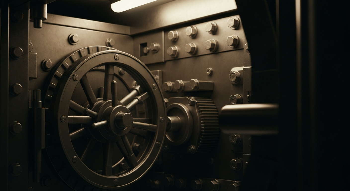 An extreme close-up of the intricate gears, locks, and heavy steel components of a bank vault, dramatically lit to convey a sense of institutional strength and security.