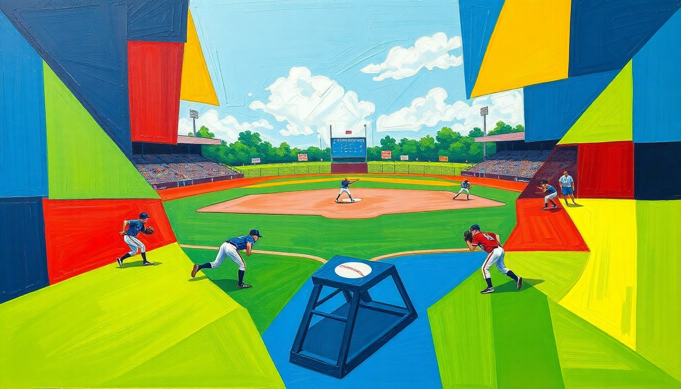 A fragmented, geometric painting depicting the motion and energy of a high school softball game, with sharp planes of navy, green, and red colliding to create a dynamic, abstract composition.