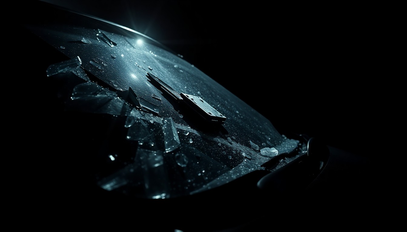 An extreme close-up photograph of a shattered car windshield and crumpled metal frame, conveying the sudden and devastating impact of the crash through dramatic lighting and stark, gritty details.