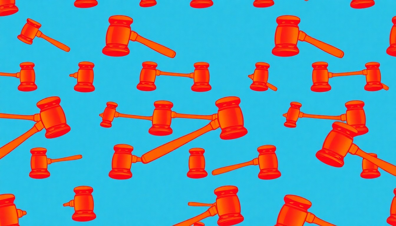 A bold, colorful silkscreen print featuring a repeated image of a gavel, representing the legal profession and the achievements of diverse attorneys.