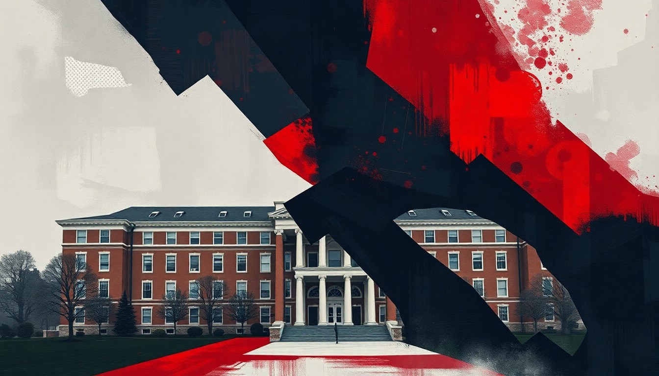 A fractured, abstract painting of a university building in shades of red, blue, and grey, conveying a sense of political tension and unrest.
