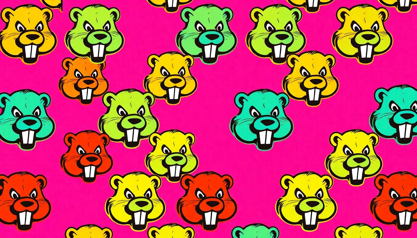 A vibrant, high-contrast silkscreen print featuring the iconic Buc-ee's beaver mascot logo repeated in a grid, capturing the energy and brand recognition of the new Huber Heights location.