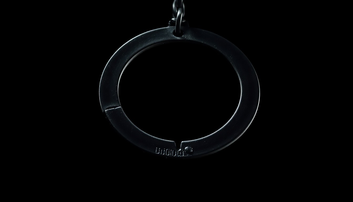 An extreme close-up photograph of a metal handcuff or shackle against a pitch-black background, dramatically lit by a harsh camera flash to create a stark, gritty, investigative aesthetic without any text or symbols.