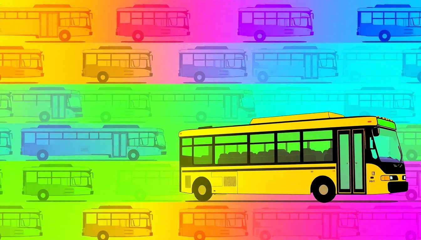 A highly stylized, abstract illustration of a city shuttle bus in a repeating grid pattern, using bold, neon-like colors and thick black outlines to create a modern pop art aesthetic that captures the energy and accessibility of the new transportation service.