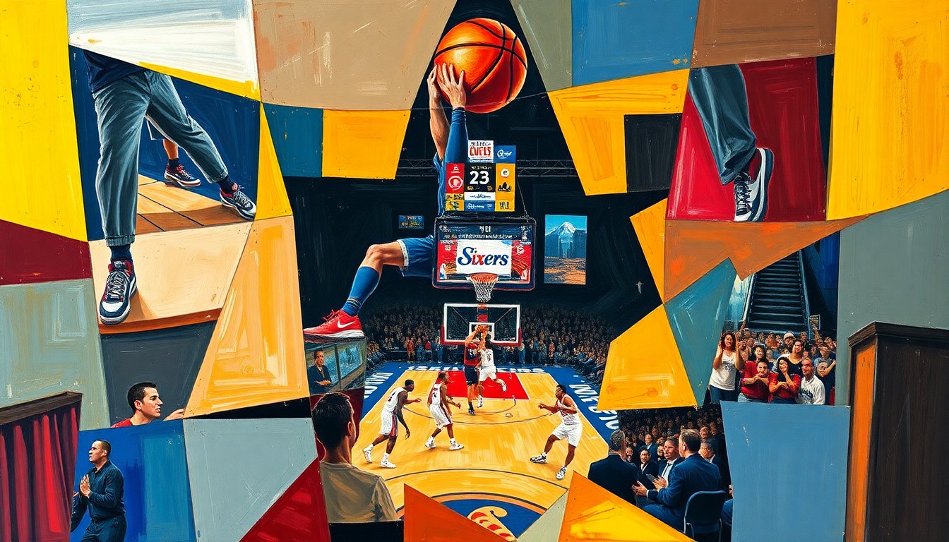 A cubist, geometric painting depicting a fragmented basketball court scene, with players' forms broken down into overlapping angular shapes and planes, conveying the heightened energy and pressure of the NBA playoffs.