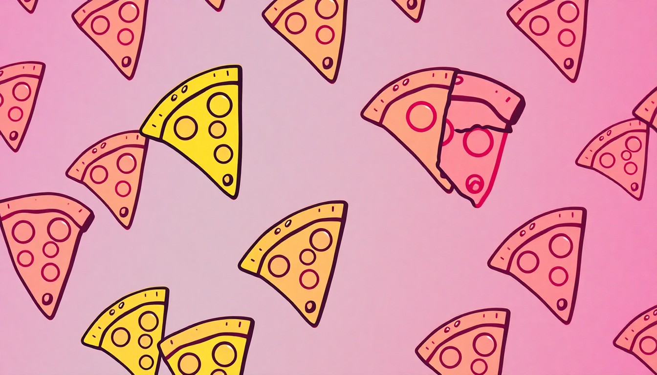 A vibrant, high-contrast silkscreen print featuring a single pizza slice repeated in a grid pattern, rendered in a bold, neon color palette that transforms the everyday food item into a work of modern pop art.