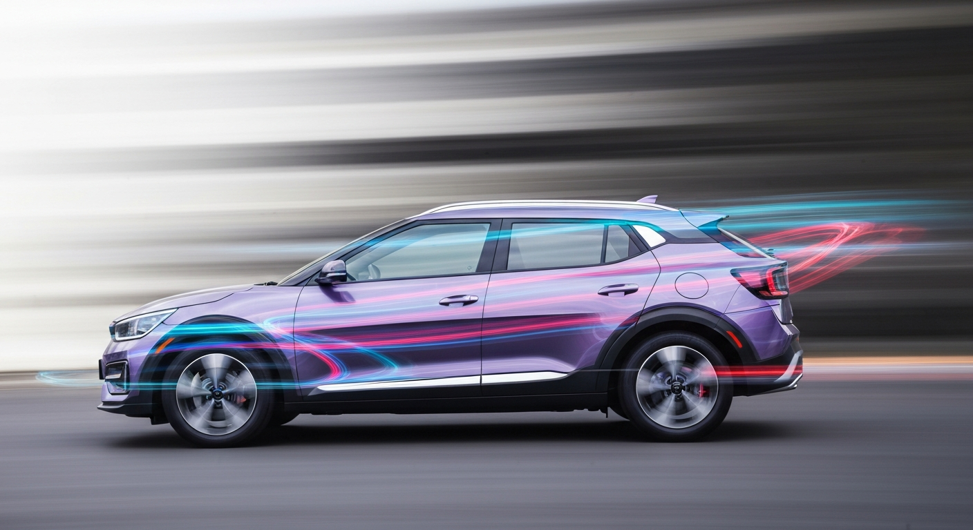 An abstract, blurred image of a Kia EV2 electric SUV in motion, with streaks of vibrant colors representing its speed and modern engineering.