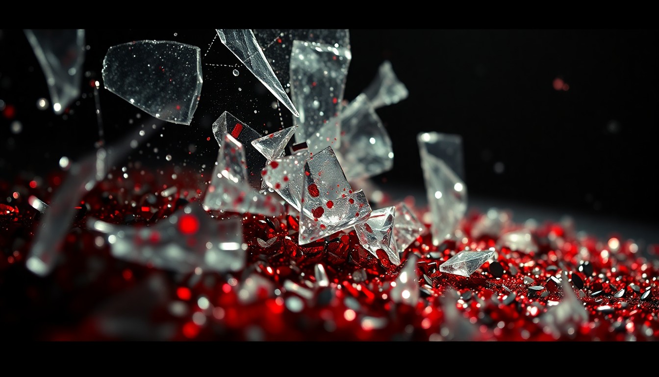 An abstract close-up image of shattered glass and glittering sequins, captured in high-contrast studio lighting to convey the experimental and gritty nature of Maynard James Keenan's music.