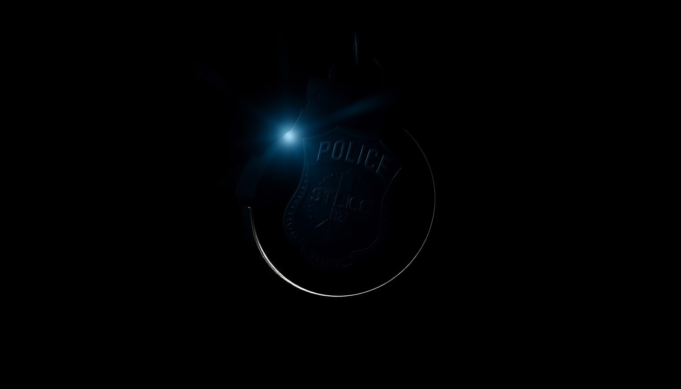 An extreme close-up of a police badge or handcuffs, with dramatic shadows and highlights created by a harsh flash, conveying a sense of seriousness and investigation around the Auxiliary Police program.
