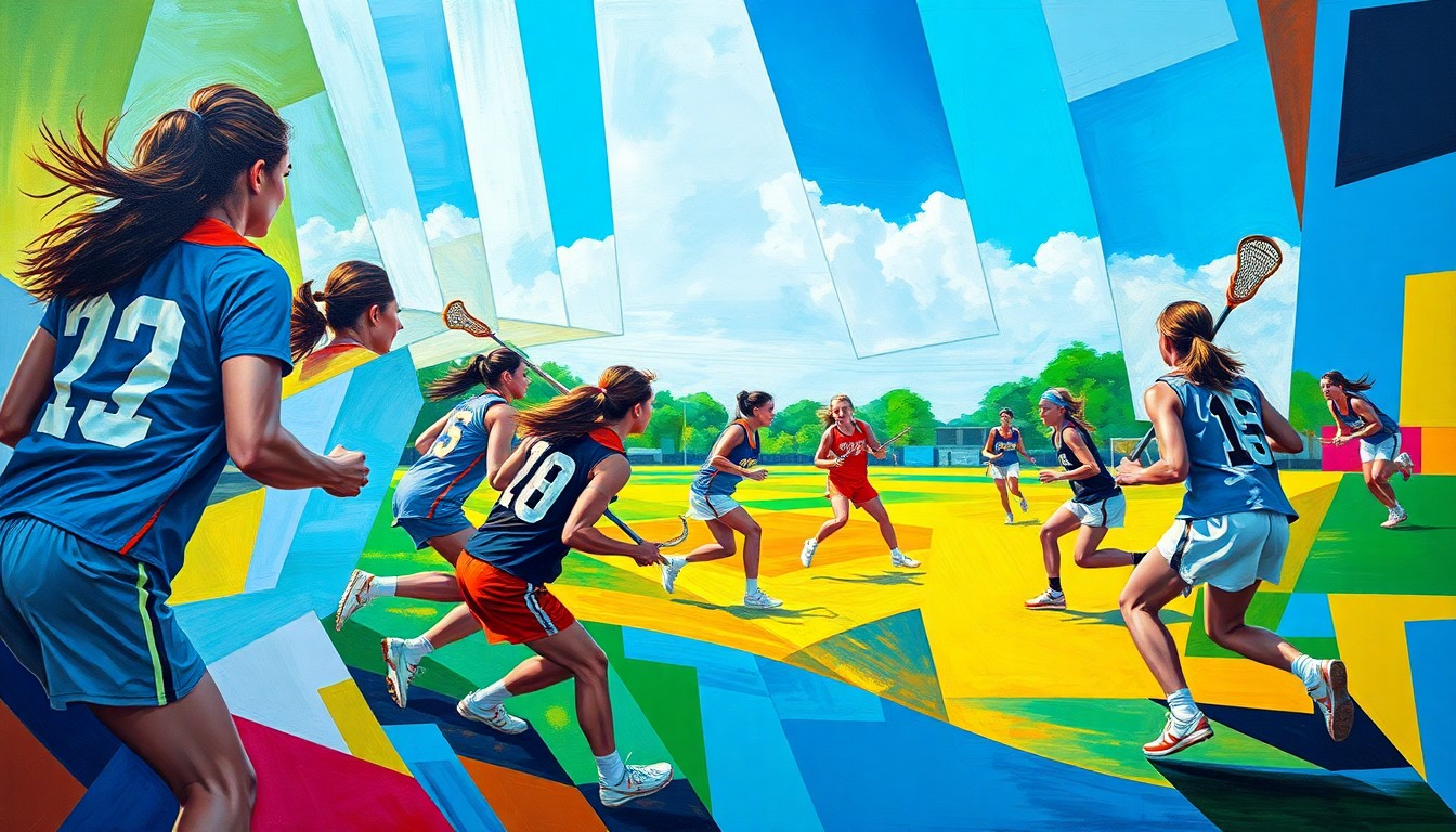 A cubist, geometric painting depicting a women's lacrosse game, with overlapping planes of color and motion capturing the energy and dynamism of the sport.