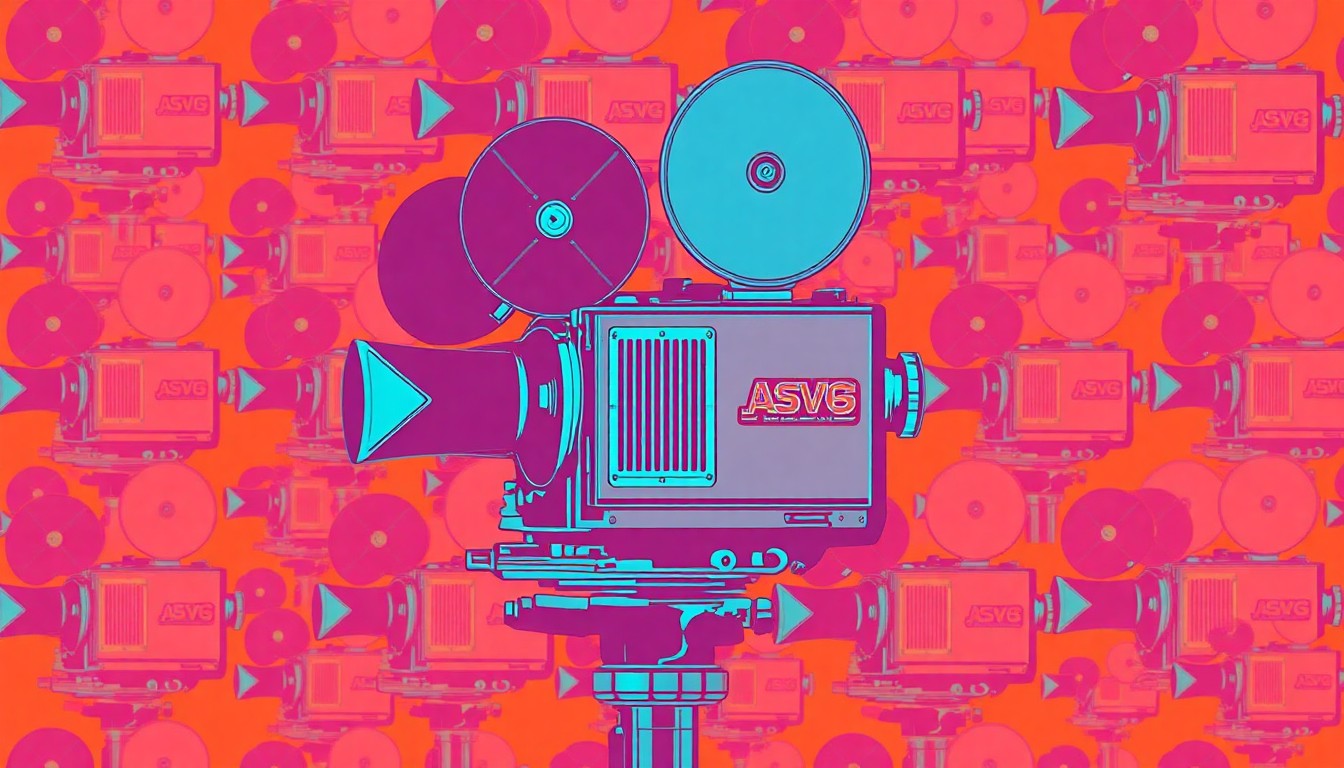 A bold, colorful silkscreen print featuring a repeating pattern of an old-fashioned movie camera, conceptually representing the preservation and sharing of a town's past through documentary storytelling.