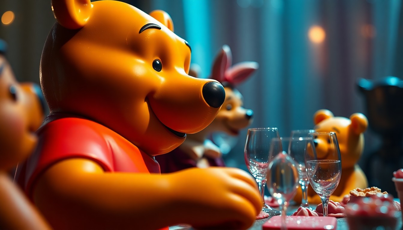 An extreme close-up of a large chocolate and fondant sculpture depicting Winnie the Pooh and his friends in a party scene, with dramatic lighting and a glitzy, high-fashion aesthetic.