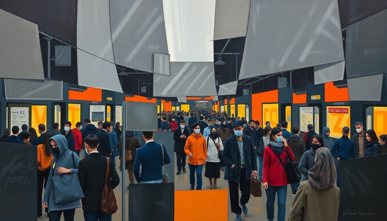 A cubist, geometric painting depicting the fractured interior of a crowded train station, with overlapping planes of steel grey, navy blue, and burnt orange conveying the chaotic energy of the scene.