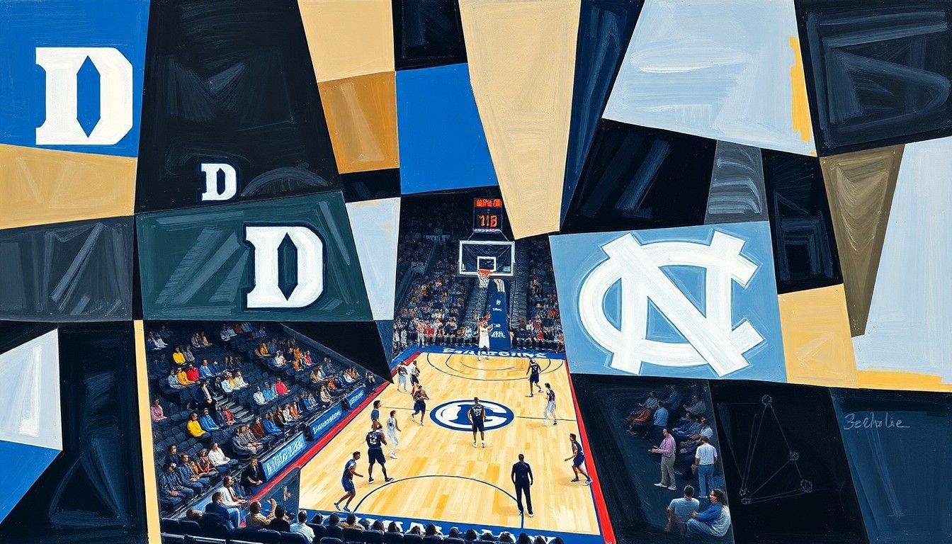 A fragmented, cubist-style painting depicting the action of a college basketball game between Duke and North Carolina, with the players and court broken down into sharp, overlapping geometric shapes and planes of color.