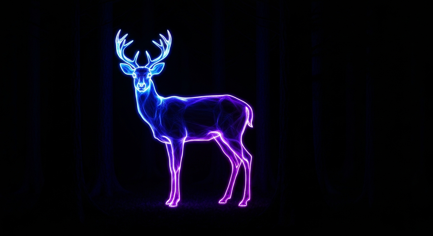 A minimalist, neon-outlined illustration of a deer standing in a dark forest, conveying the dynamic energy and environmental impact of the deer overpopulation crisis on Long Island.