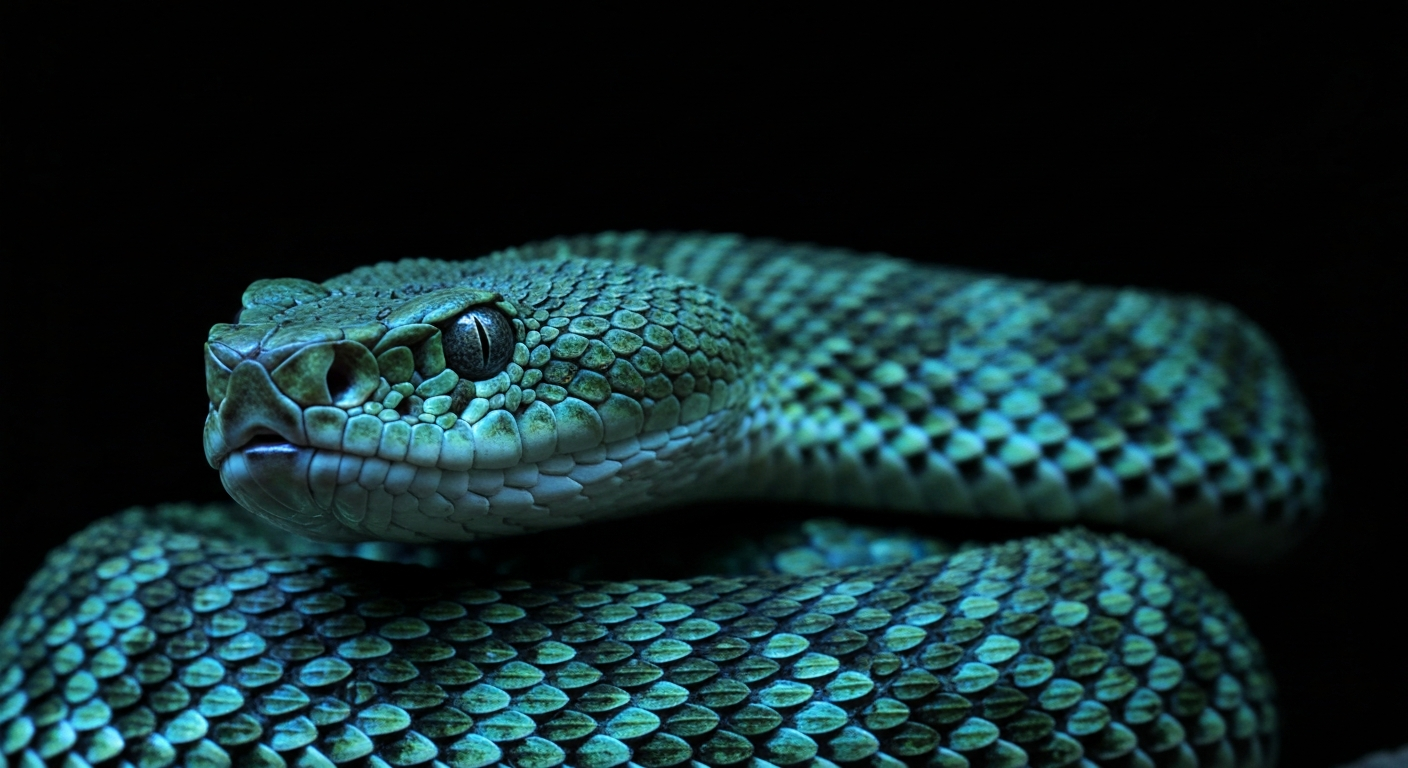 A minimalist neon outline of a coiled rattlesnake, its form glowing against a dark background and conveying the danger and electric energy of these venomous reptiles.