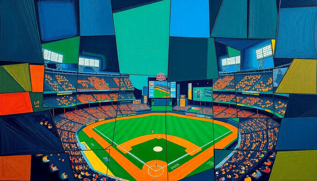 A fractured, multi-perspective painting in a cubist style, breaking down a baseball game at CarMax Park into sharp, overlapping geometric shapes and planes in a vibrant color palette, conceptually representing the energy and anticipation of the stadium's opening.