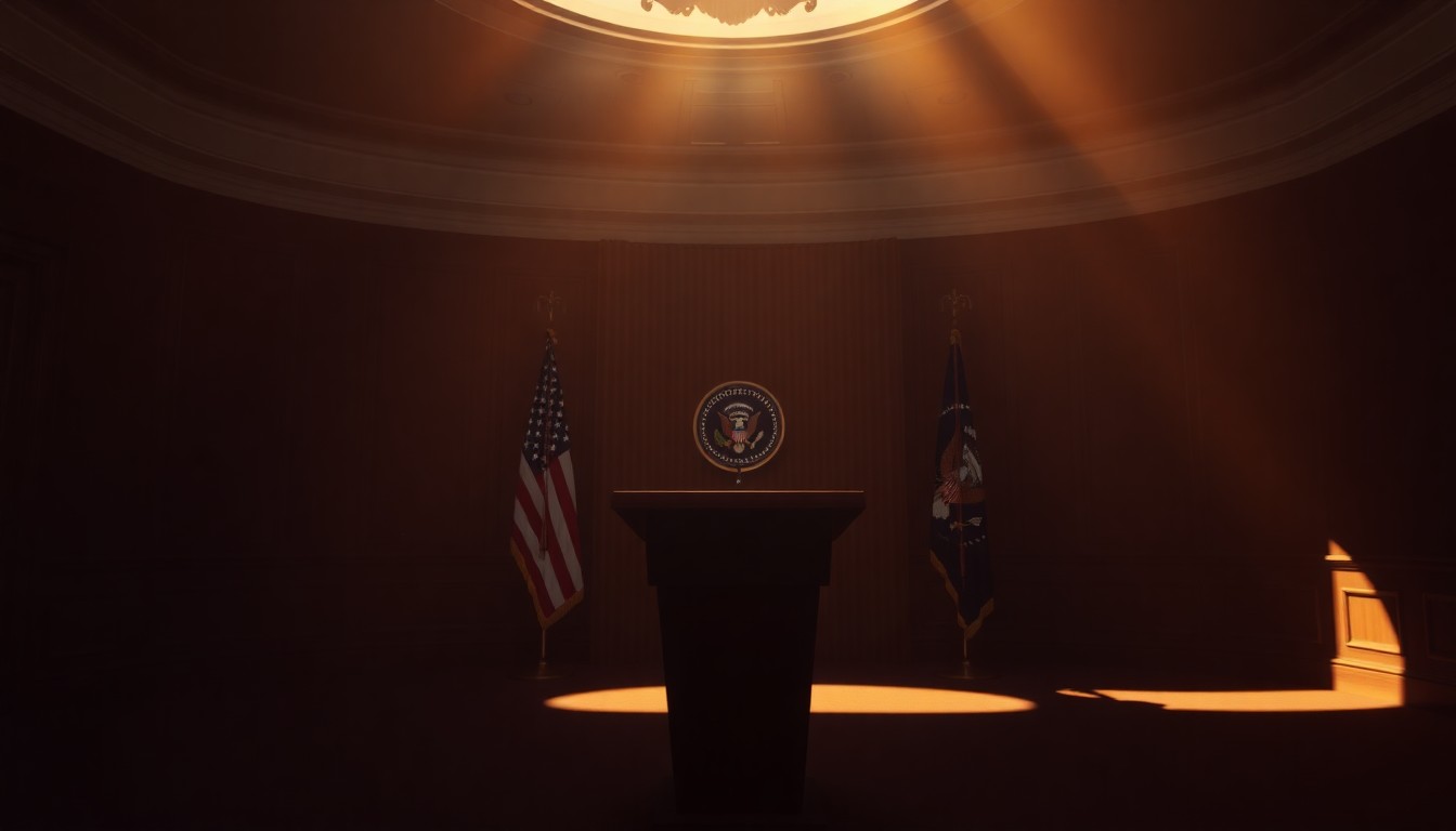 A solitary, empty White House press room podium bathed in warm, diagonal sunlight and deep shadows, conceptually illustrating the political tension and strained relationship between the Trump administration and the media.