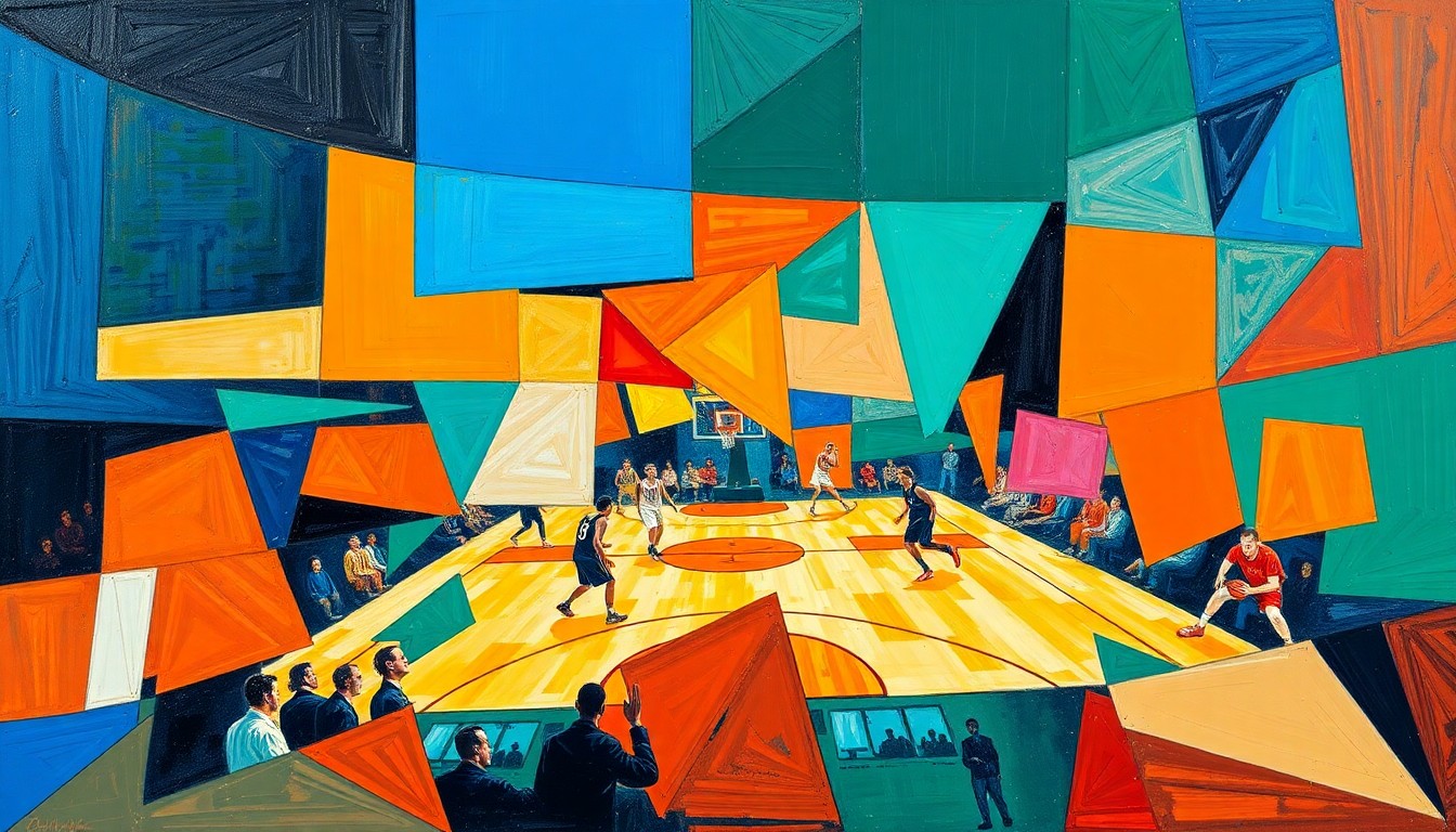 A cubist, geometric painting depicting a fragmented basketball game, with overlapping planes of vivid colors representing the dynamic action on the court.