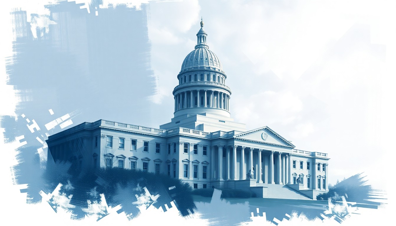 A conceptual illustration in the style of Giacomo Balla, featuring a fractured, geometric painting of the Virginia state capitol building repeated and overlapping in shades of blue and grey, conveying a sense of motion and instability.
