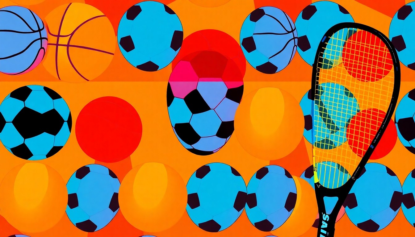 A bold, colorful silkscreen-style illustration featuring a repeating grid of sports equipment like a basketball, soccer ball, and tennis racket, capturing the vibrant energy of college athletics.