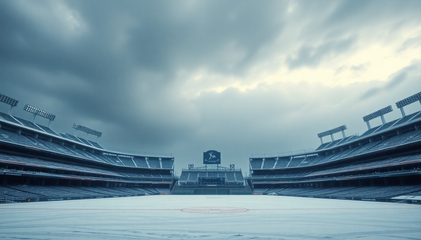 A sweeping, atmospheric landscape painting depicting a frozen, snow-covered baseball stadium under a heavy, overcast sky, with the stadium dwarfed by the overwhelming scale of the natural environment.