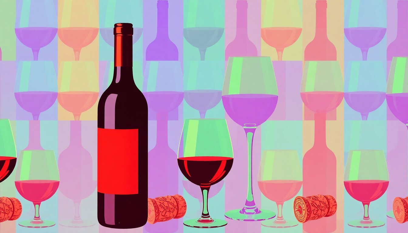 A vibrant, abstract silkscreen illustration featuring repeated images of wine bottles, glasses, and corks in a grid pattern, using a bold, neon color palette to capture the celebratory spirit of the Dry Creek Valley wine festival.