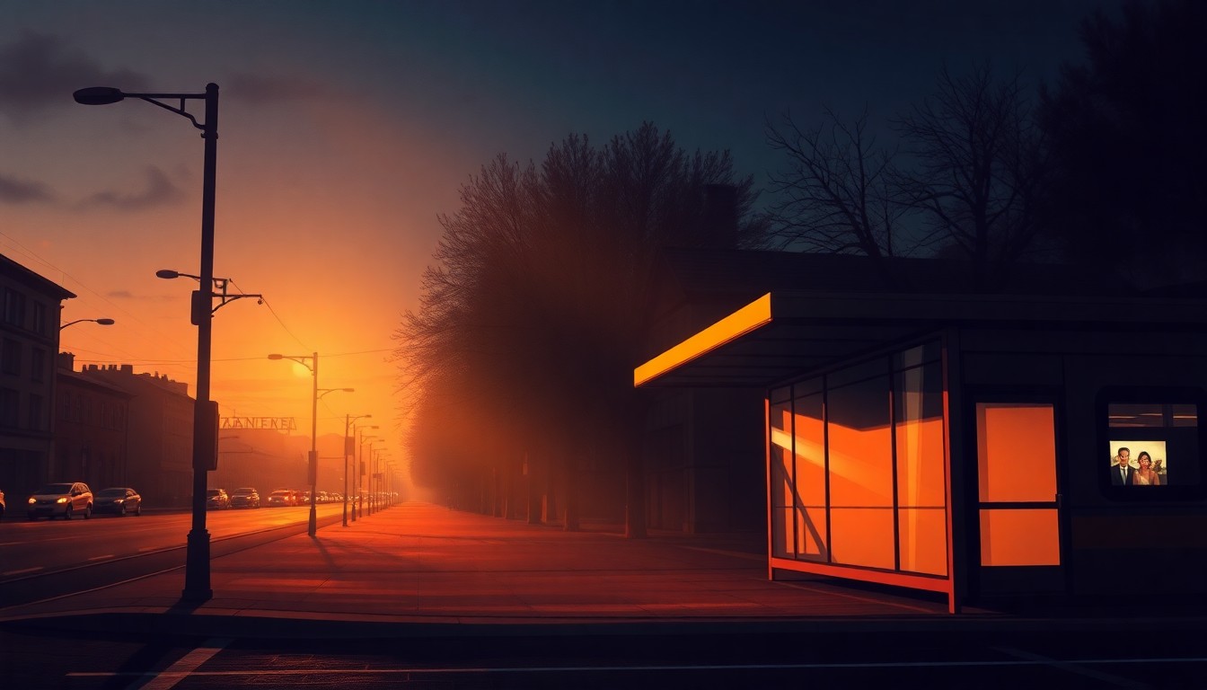 A serene, cinematic painting depicting an empty city bus stop at dusk, with warm sunlight casting long shadows across the scene, conceptually representing the potential for transit-oriented development to revitalize urban spaces.