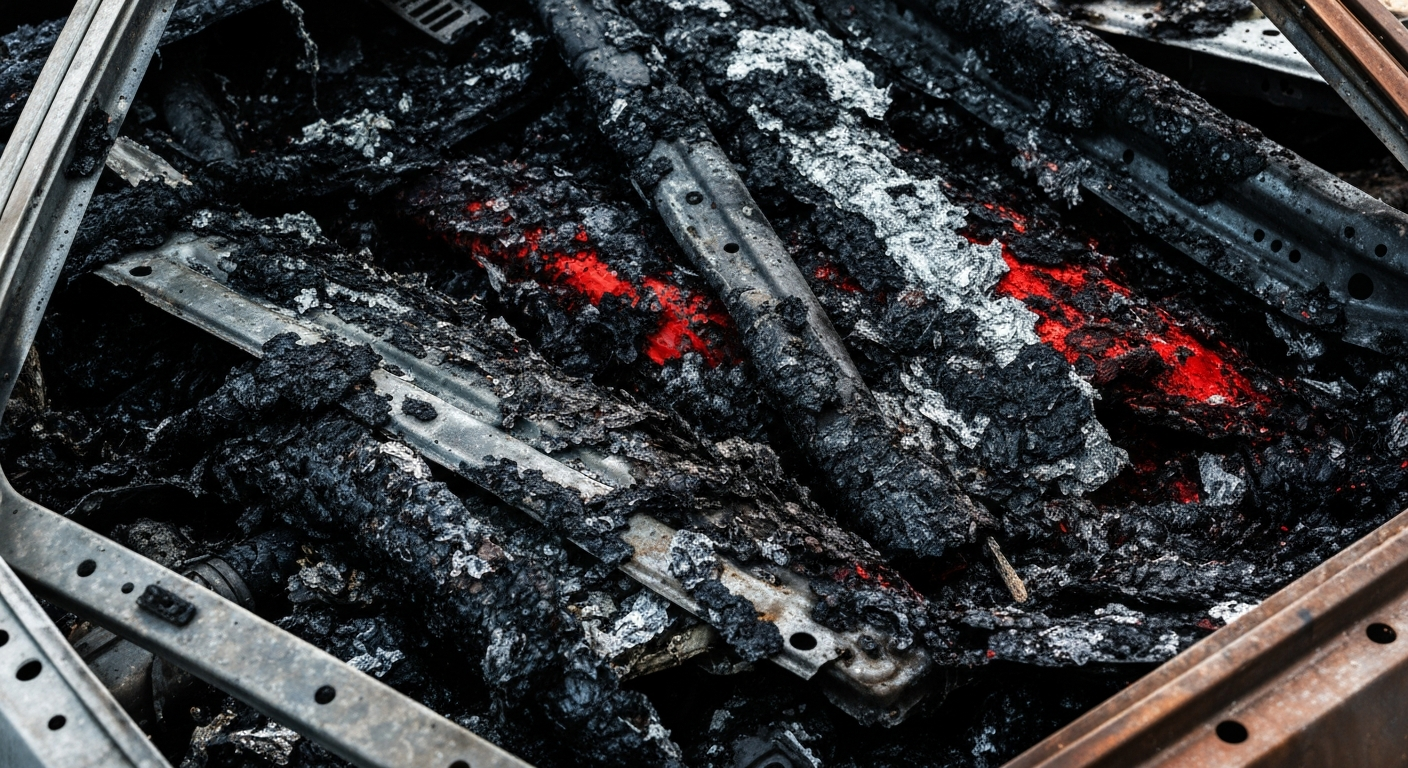 An extreme close-up of charred and melted automotive materials in shades of black, grey, and red, conceptually illustrating the aftermath of a vehicle fire.
