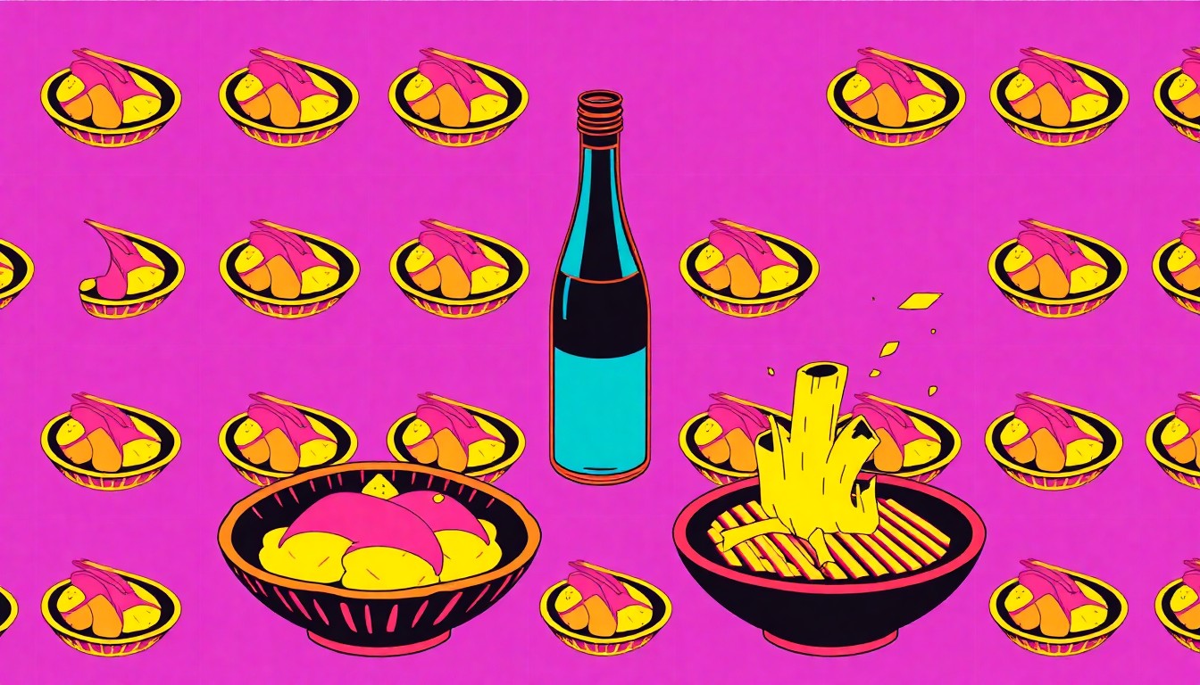 A brightly colored, high-contrast silkscreen print of a single, iconic Japanese dining object such as a sushi plate or robata grill repeated in a tight grid pattern, conceptually representing the modern, vibrant energy of JINYA's new flagship restaurant.