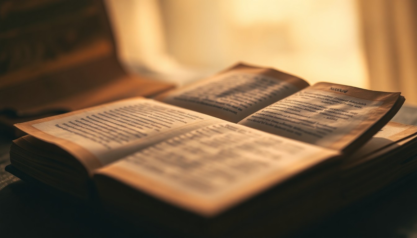 An extremely abstracted, out-of-focus photograph of an old, leather-bound journal with pages fluttering in the wind, the text barely visible through the hazy, warm light, conceptually representing the connection between the past and present and the eternal struggle between spiritual and material pursuits.