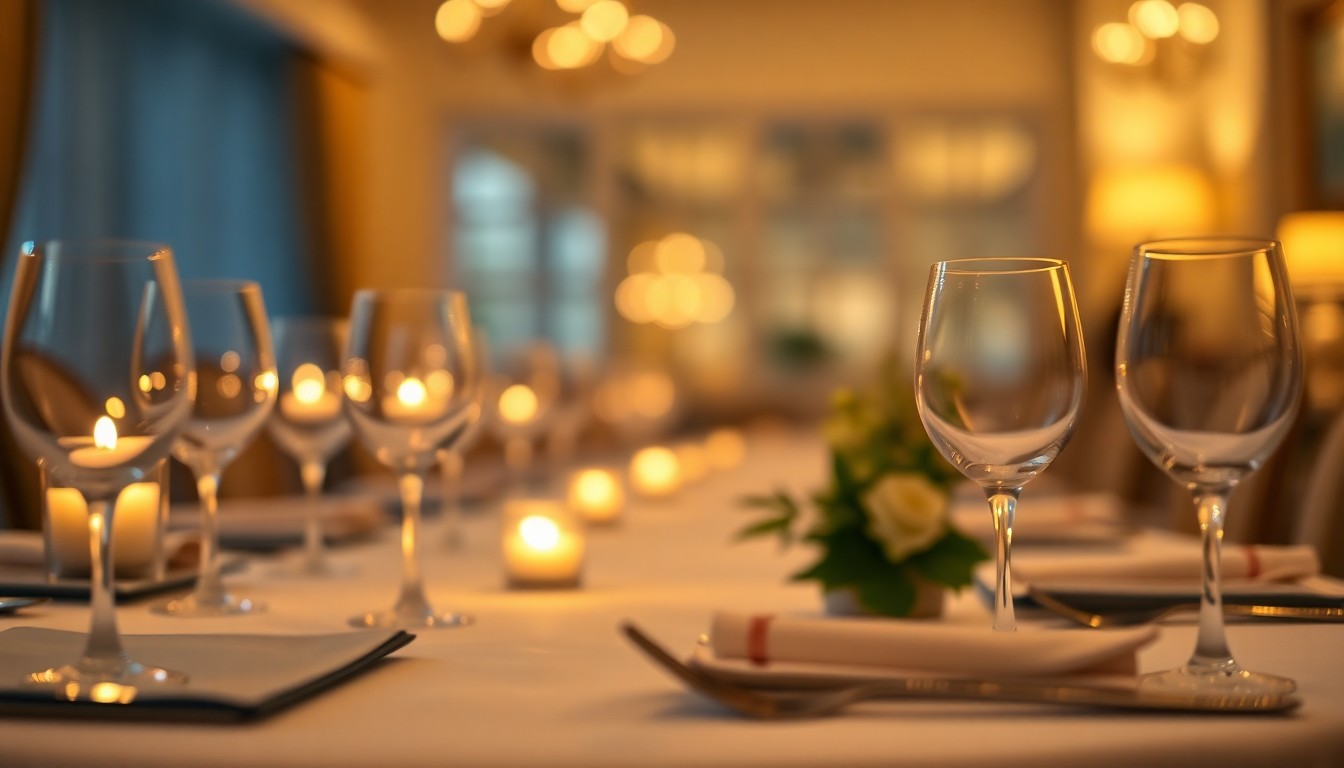 An extremely abstracted, out-of-focus photograph of a formal dining table setting, with blurred candlelight, wine glasses, and silverware creating a warm, inviting atmosphere that captures the mood of a community celebration.