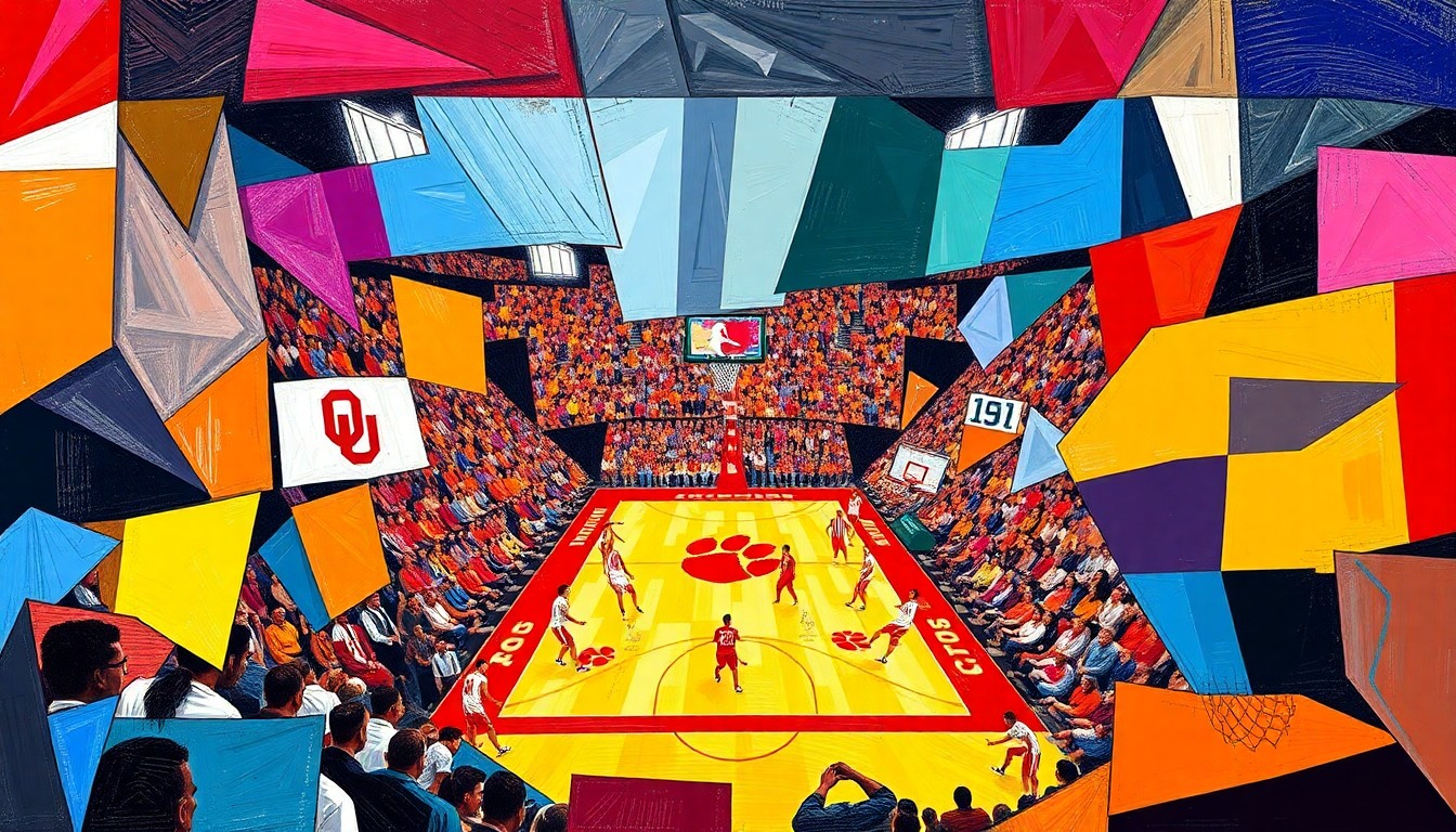 A cubist, geometric painting featuring overlapping planes of bright crimson red, dark orange, and navy blue, representing the strategic partnership between Oklahoma and Clemson basketball programs.