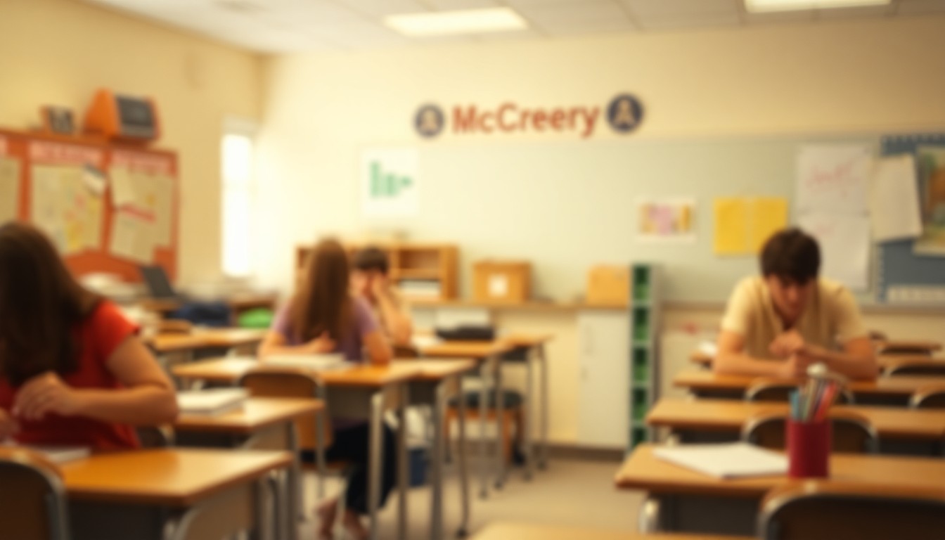An abstract, out-of-focus photograph in warm, muted tones depicting a classroom scene with blurred figures, desks, and educational materials, conceptually representing the nurturing and inspirational atmosphere of Judy McCreary's teaching career.