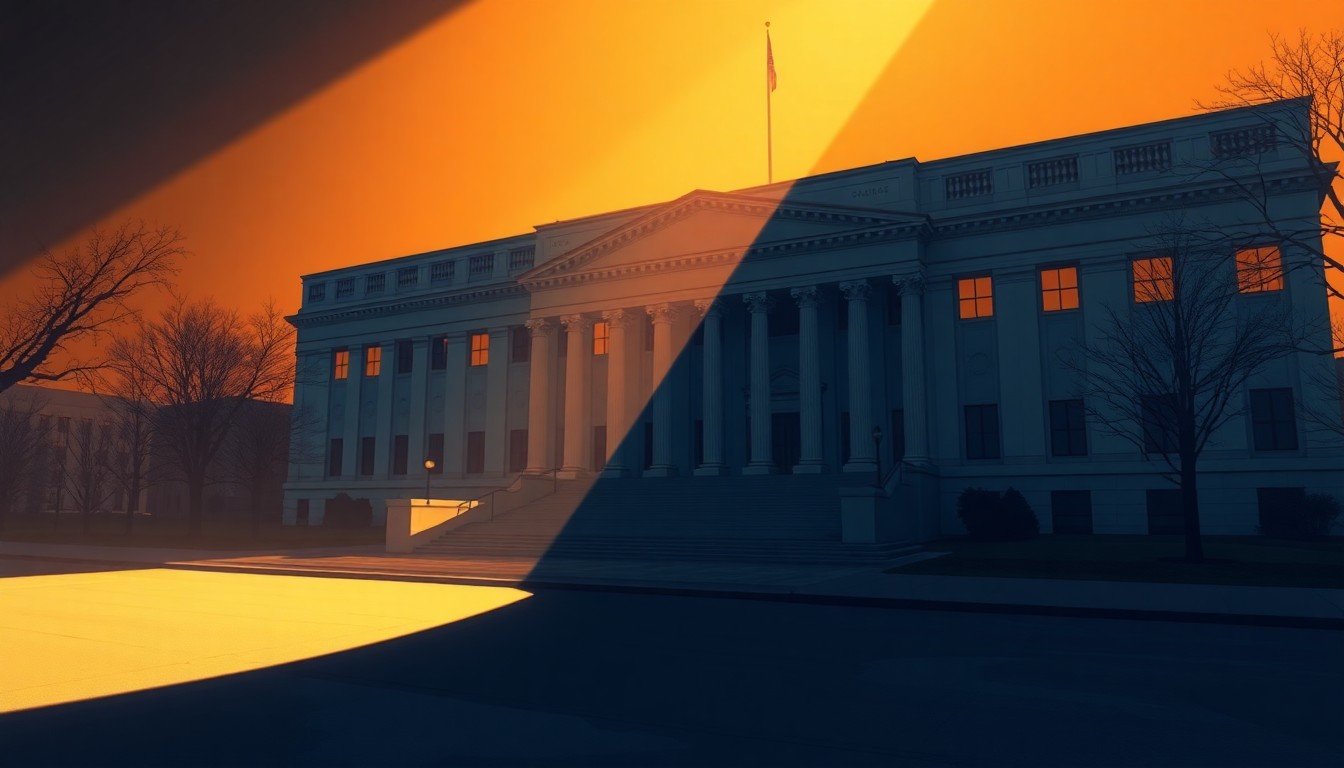 A serene, photorealistic painting of an Ohio state government building, its facade illuminated by warm, angled sunlight that casts deep shadows, conveying a sense of quiet contemplation about the role of the attorney general's office.